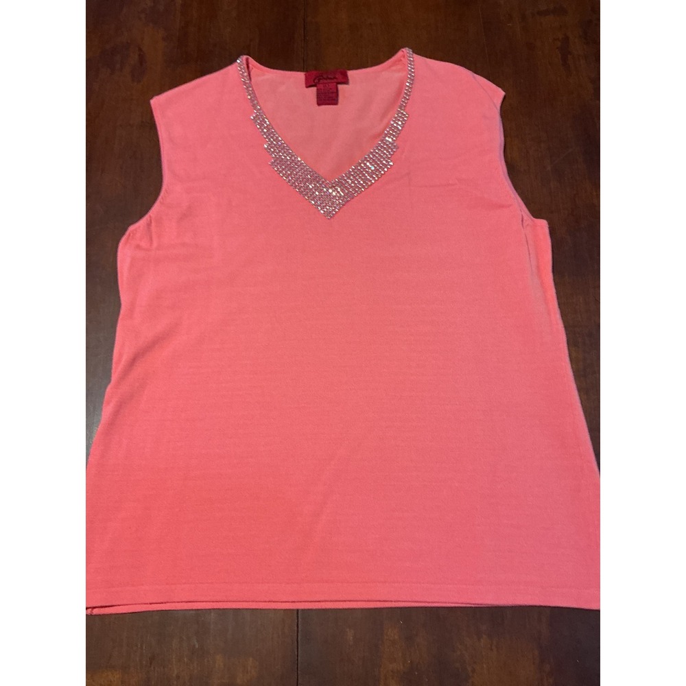 Corina Pink Rhinestone V-Neck Sleeveless Sweater Knit Top Size Large